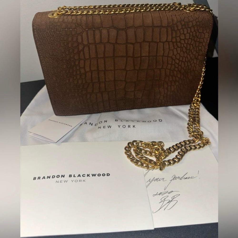 Brandon Blackwood Chocolate Croc Bag with Gold Chain